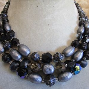 Vintage Triple Strand Muli Blue Beaded Necklace